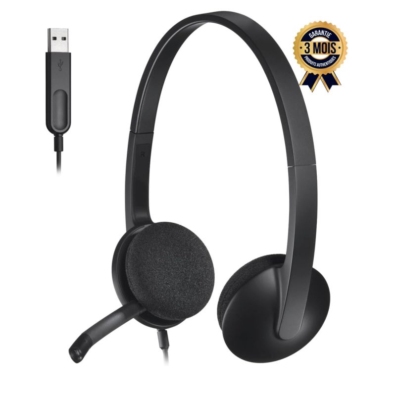 Casque-micro filaire USB - Logitech H340 - Plug & Play USB-A - Microphone à perche bi-directionnel avec réduction de bruit - Son stéréo numérique HD - Coussinets pivotants en mousse - Bandeau léger ajustable - Câble 1.8m - Garantie 3 mois