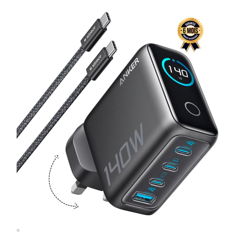 Chargeur Anker Zolo - Ordinateurs portables, smartphones - 140 Watts - 4 ports - PD 3.1 - Avec câble USB-C - Charge rapide multi-appareils 4 ports - Garantie 6 mois ( Livré entre 03 et 07 jours )
