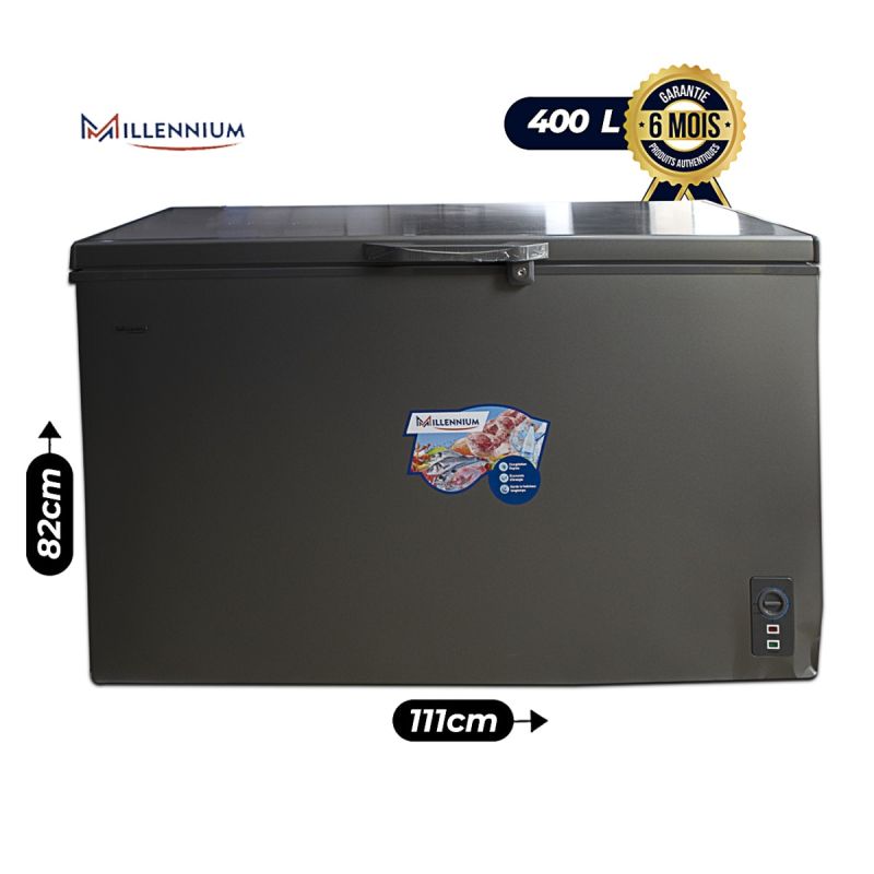 Congélateur Coffre MILLENIUM 400 Litres, A+, avec panier, vitres coulissantes et serrure, gris vendu sur Glotelho.