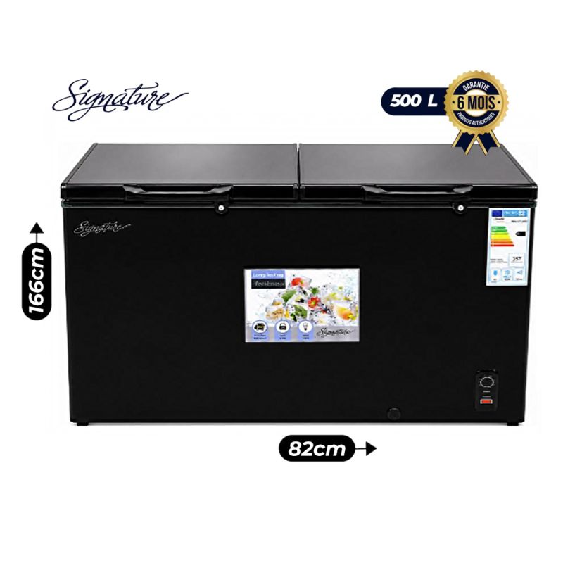 Congélateur Coffre SIGNATURE 500 L à deux couvercles, noir, avec serrures et thermostat, garantie 6 mois, prix Cameroun. 