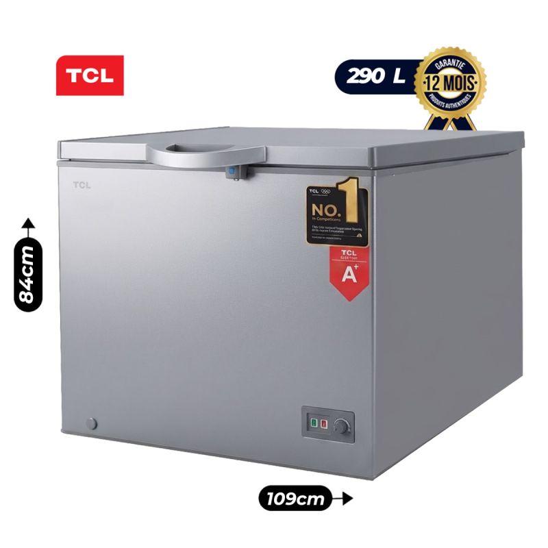 Congélateur Coffre TCL - F378CFSL - 290 Litres  - Classe Climatique Tropicale T - A+ - Gaz R600a - Gris - Panier inclus - Garantie  12 Mois
