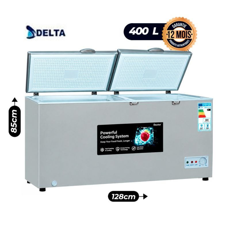 Congélateur Coffre Horizontal - Delta DCF-449XX - 400 Litres - Double Couvercle - Congélation Rapide - Serrure de Sécurité - Paniers & Roulettes - Gris - Garantie 12 mois