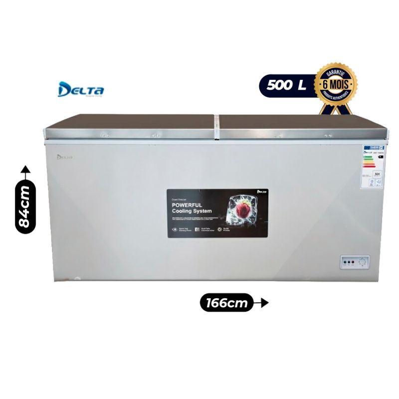 Congélateur Coffre DELTA DCF-590XX – 500L – Classe A+ – 2 Couvercles – Congélation 4 Étoiles – Moteur Silencieux 40 dB – Gris – Garantie 6 mois