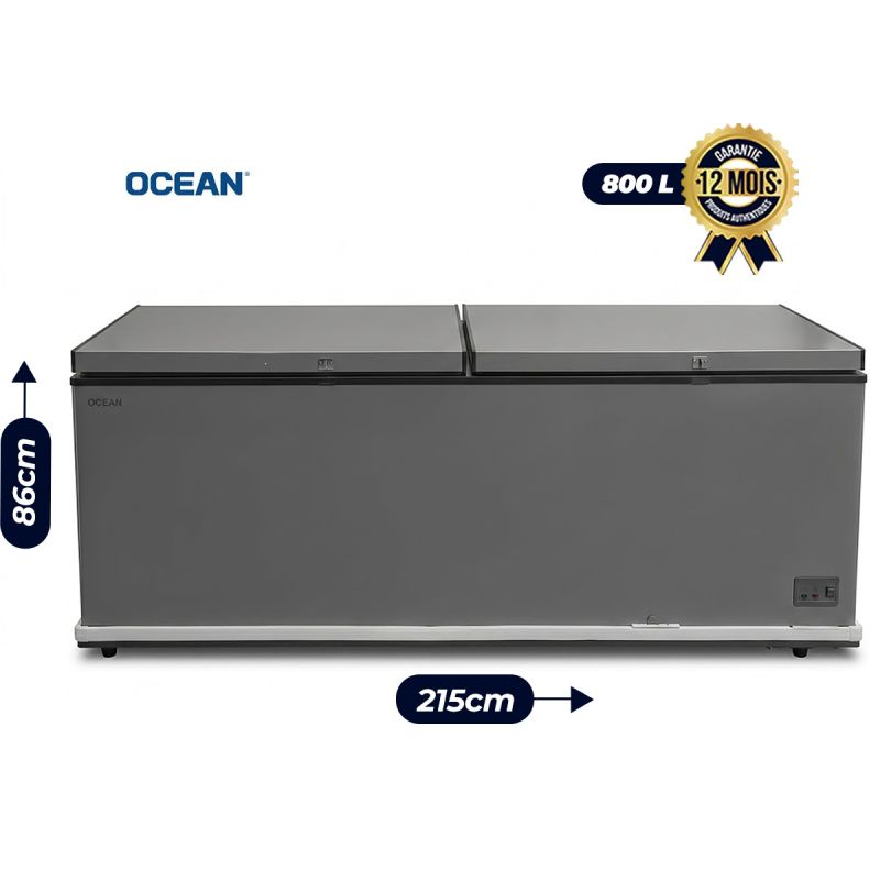 Congélateur Coffre OCEAN 800L – DUO Tropical Silver – OCE 802 T S DUO – Double Couvercle & Double Compartiment – Congélation rapide – Gaz R600a – A+ – Classe Tropicale T – Serrures – Gris – Garantie 12 Mois