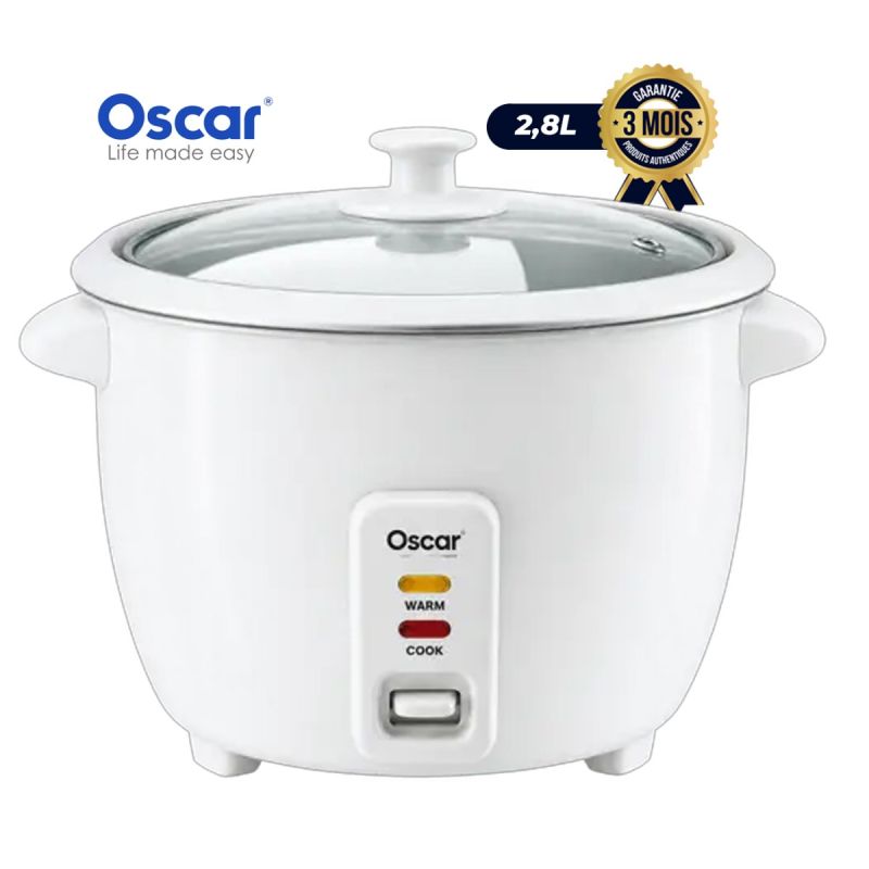 Cuiseur à riz Oscar Blanc avec couvercle en verre transparent, 2,8 L, garantie 3 mois sur Glotelho Cameroun.
