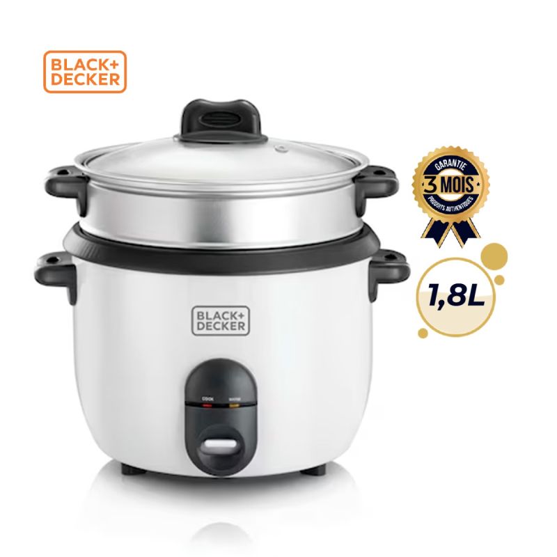 Cuiseur de Riz BLACK+DECKER 1,8L , 700 W, blan c et noir, avec couvercle en verre, garantie 3 mois, prix Cameroun.