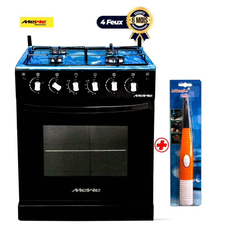 Cuisinière à Gaz MEWE 60x60 cm, Noir, 4 Feux, Allumage automatique, Four 80L, Garantie 06 Mois, prix Cameroun. 