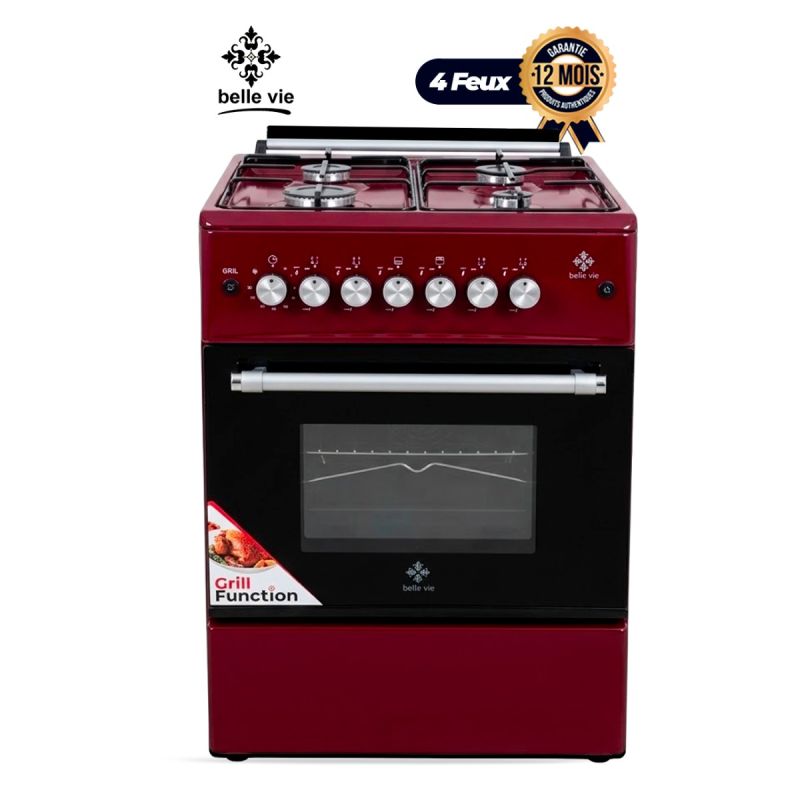 Cuisinière à Gaz BELLE VIE - F6B40G2-IX – 60x60 cm – 4 Foyers – Four Double Chauffe Haut et Bas – Gril & Tournebroche – Allumage Électrique – Minuterie – Rouge – Garantie 12 Mois 