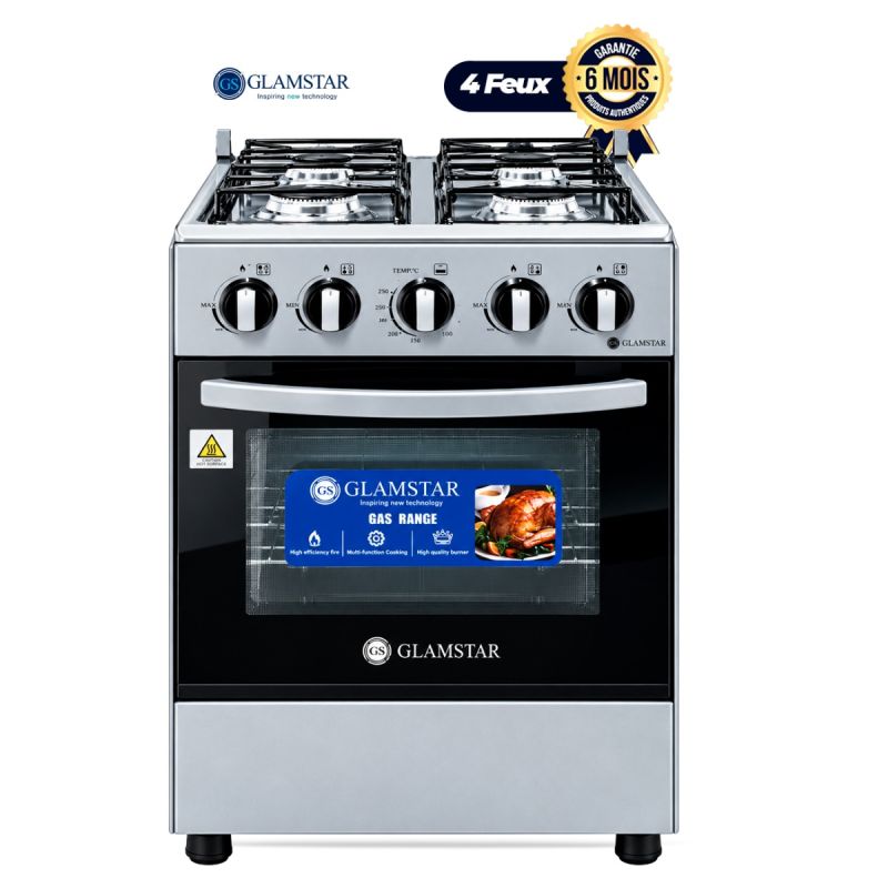 Cuisinière à Gaz GLAMSTAR GGC-50G4-G -  50 cm - 4 Feux, Brûleurs en Laiton - Four à Gaz - Grilles en Fonte Renforcées - Couvercle en Verre - Compartiment de Rangement - Coloris Gris - Garantie 6 mois