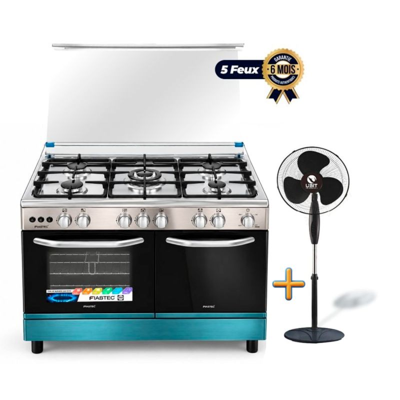 Pack Cuisinière à gaz 5 Feux FIABTEC (FTGOX-9060-INOX) + Ventilateur UBIT 16" (UB-356RB) OFFERT