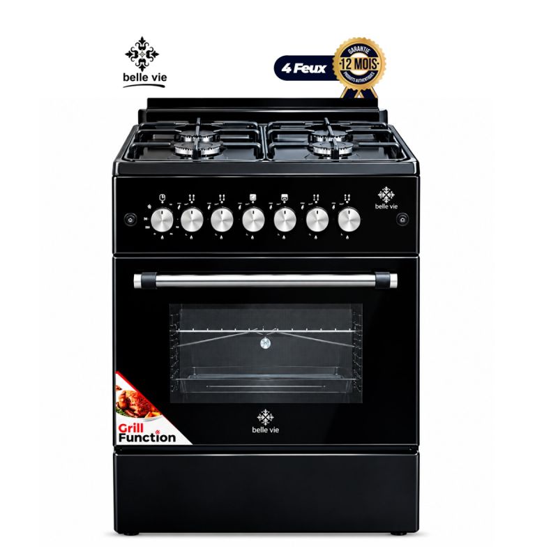 Cuisinière à Gaz BELLE VIE – F6B40G2-RD/IX Classic – 60x60 cm – 4 Foyers – Noir avec Table Inox – Four à Gaz Double Chauffe, Gril & Tournebroche – Minuterie – Allumage Électrique – Grilles en Fonte – Garantie 12 mois