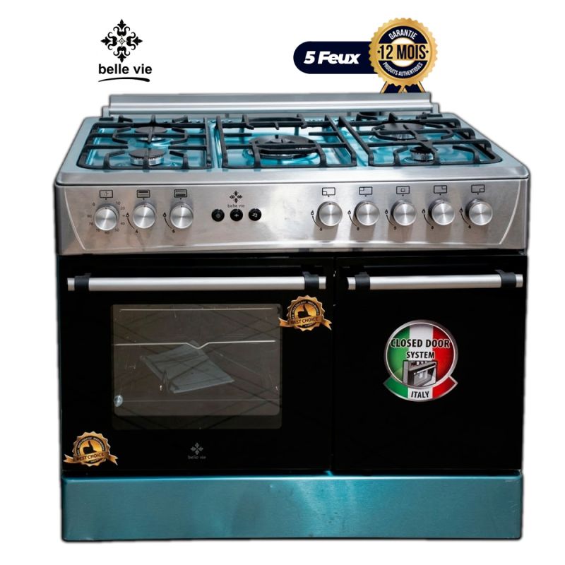 Cuisinière à Gaz BELLE VIE - F9P50GF-BL Trendy – 90×60 cm – 5 Foyers – Four à Gaz avec Gril & Tournebroche – Porte-Bouteille – Allumage Électrique – Table Inox  – Grilles en Fonte – Garantie 12 Mois