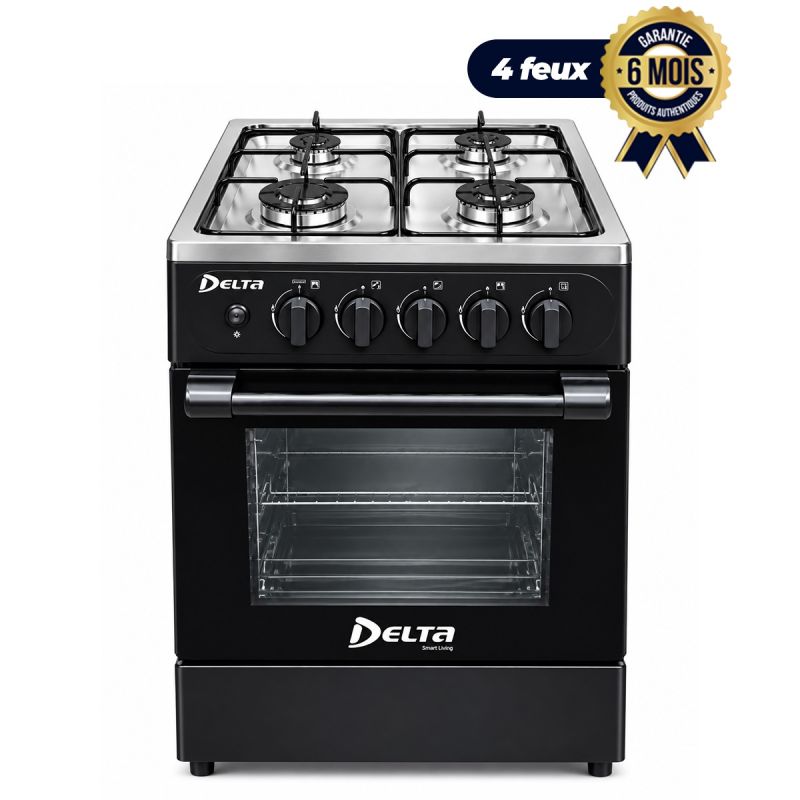 Cuisinière à Gaz DELTA FGC-5050-BL-M – 50x50 cm, 4 Foyers - Allumage Automatique - Four & Gril - Plateau Inclus – Noir – Garantie 6 Mois