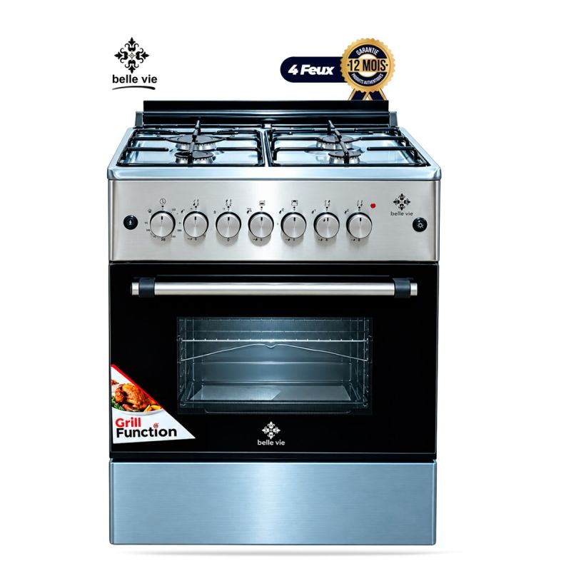 Cuisinière Mixte – BELLE VIE F6B31G2-IL/SS – 60x60 cm – 3 Feux Gaz + 1 Plaque Électrique – Four Gaz à Gaz Double Chauffe, Gril & Tournebroche – Minuterie – Allumage Électrique – Noir et Inox – Garantie 12 mois
