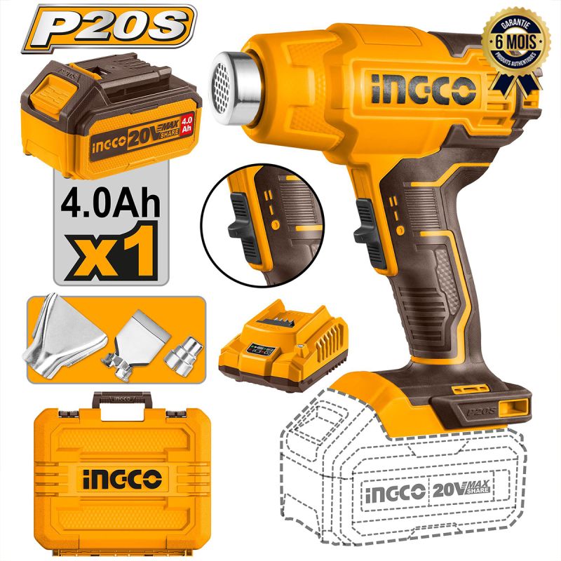 Décapeur Thermique sans fil - INGCO HGLI20024 - 20 V + 1 Batterie - 6 Mois