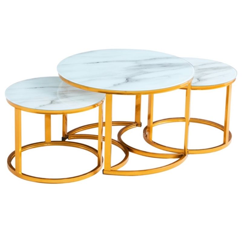 Ensemble de 3 tables basses - ÉDIUEQUE - Gigognes Rondes - Structure en Métal Beige 