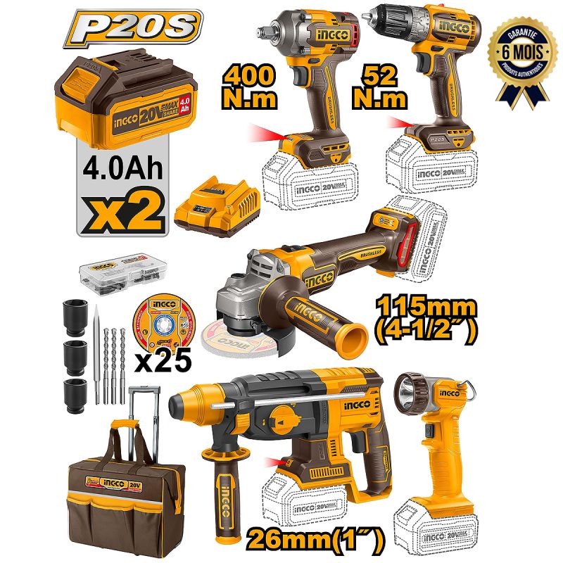 Ensemble de 5 outils sans fil - INGCO CKLI2058 - Avec accessoires, 2 batteries 20 V + 1 chargeur - 6 Mois - (Prix en fcfa) | Glotelho Cameroun
