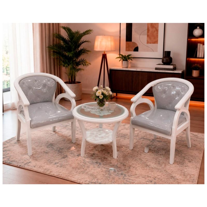 Ensemble Tête-à-tête HB2510036 – 2 Chaises Blanc/Gris + Table d'appoint avec Plateau en Verre