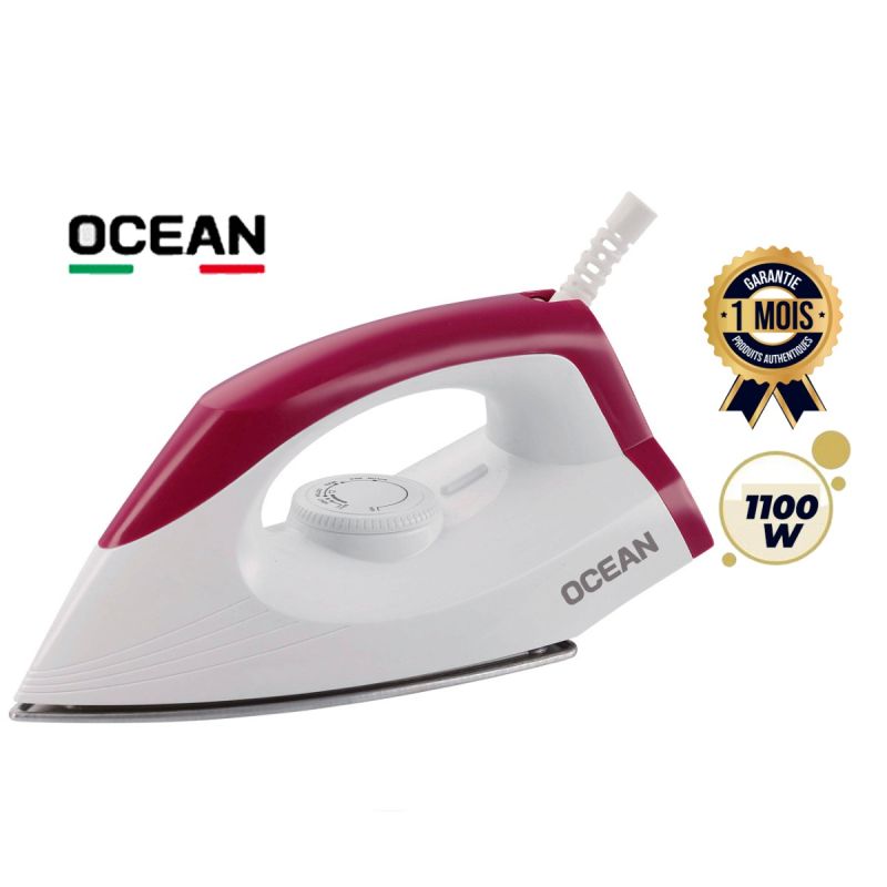 Fer à Repasser à Sec OCEAN 1100W - OCDI1100 - Semelle Céramique - Thermostat Réglable - Chauffe Rapide - Anti-surchauffe - Blanc/Rouge - Garantie 1 mois