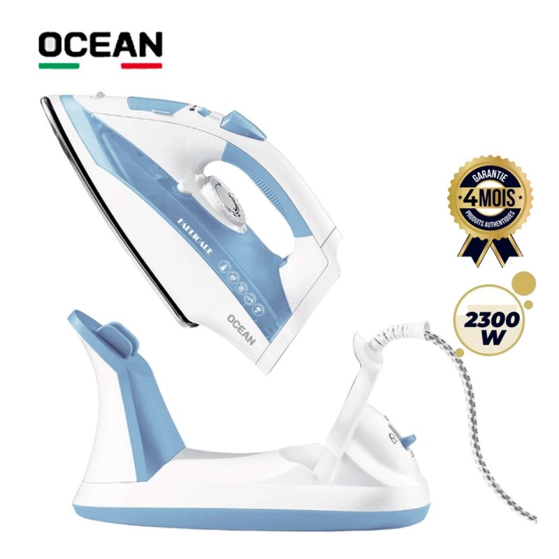Fer &agrave; vapeur OCEAN OCCSI2436A &ndash; 2300 W &ndash; Utilisation avec ou sans fil &ndash; Vapeur 80g/min &ndash; Semelle C&eacute;ramique &ndash; R&eacute;servoir 100ml &ndash; Anti-calcaire Auto-nettoyant &ndash; Spray & Vapeur Verticale &ndash; Blanc/Bleu &ndash; Garantie 4 mois