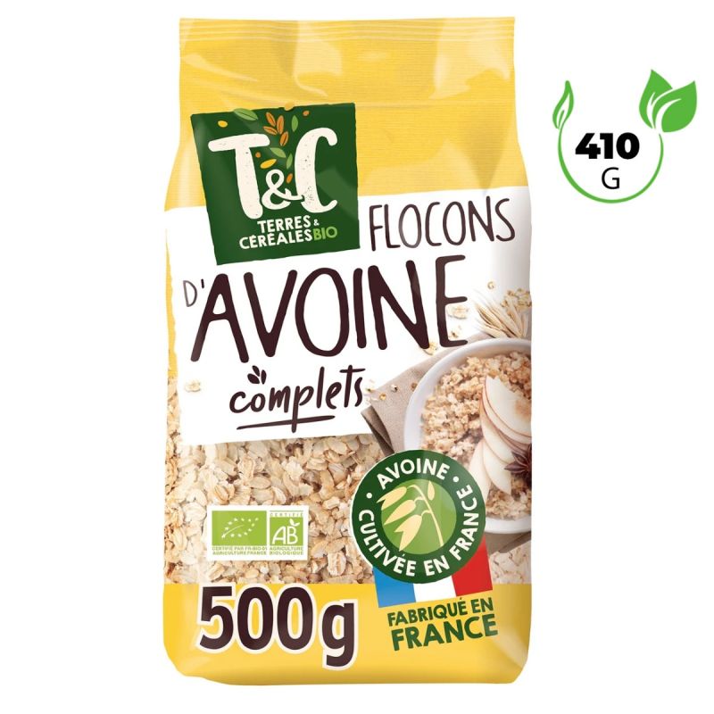 Flocons d'avoine Complets - Terres & Céréales Bio - Riches en fibres - Agriculture Biologique - 500 g