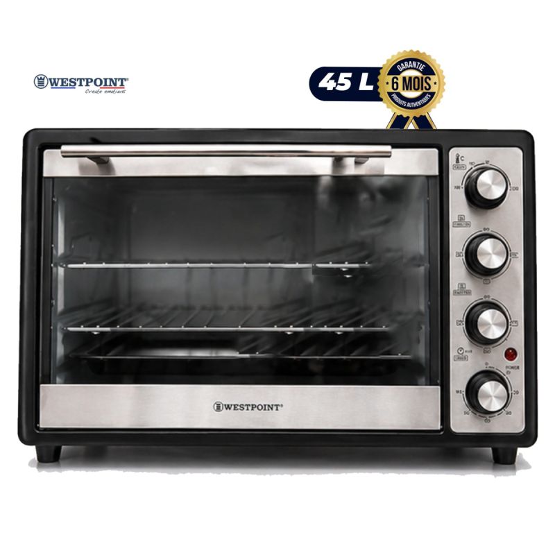 Four Électrique 45L - WESTPOINT - WOY-4517.5R - Rotisserie & Grill - 1500W - Eclairage intérieur - Thermostat 250°C - Minuterie 60 min - Noir & Inox - Garantie 6 mois