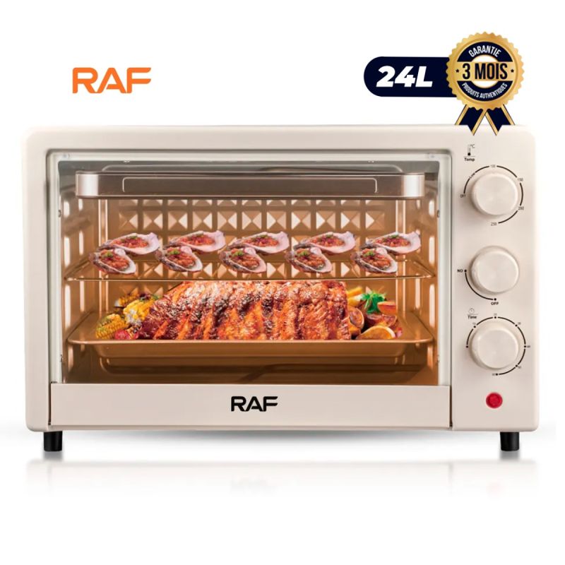 Four Électrique de Table RAF R.5306 – 1200W – 24L – Avec Minuterie et Thermostat Réglable -  3 Modes de Cuisson – Accessoires Inclus – Porte Vitrée – Blanc – Garantie 3 mois