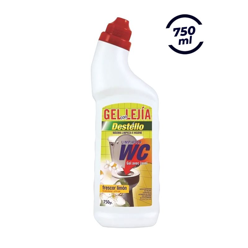 Gel Nettoyant WC avec Javel - Destello - Actions 3 en 1 - Fraîcheur Lemon - Désinfectant - Anticalcaire - 750ml