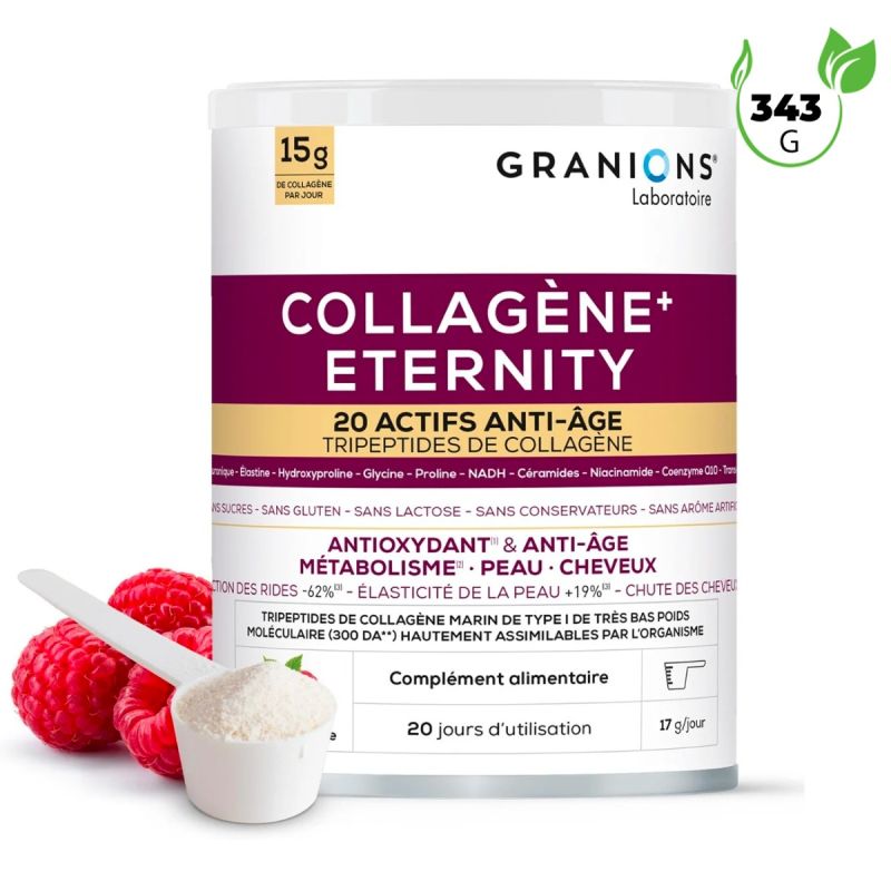 Granions Collagène+ Éternity - Complément Alimentaire Anti Âge Peau et Cheveux - 15 g de Tripeptides de Collagène Marin - Cure de 20 Jours - 343 g