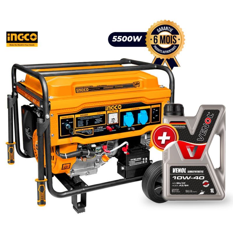 Groupe électrogène à essence - INGCO GE55003 - 5500W + Huile Moteur VENOL SEMISYNTHETIC 10W40 - 1 Litres - Garantie 6 Mois