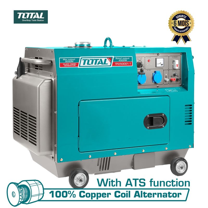 Groupe électrogène Diesel Insonorisé 5KW/6.2KVA - TOTAL TP250001-1 - Monophasé avec Inverseur (ATS) - Garantie 6 mois