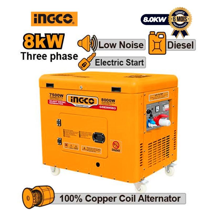 Groupe Électrogène Diesel Silencieux - INGCO - GSE800032 - 15.0HP - 8.0KW - Triphasé 415V - Démarrage Électrique - Réservoir 25L - 06 Mois de Garantie
