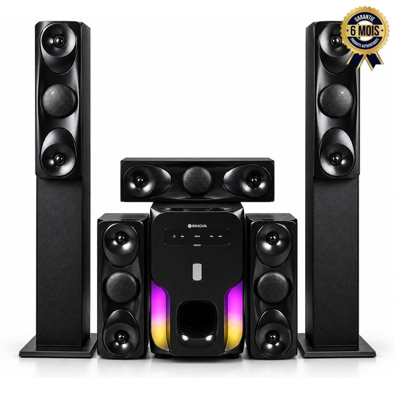 Home Cinéma INNOVA IN6505SPK - 5.1 Canaux - Caisson de Basses Amplifié avec Éclairage LED - 2 Colonnes 3 Voies sur Pied - 2 Satellites 3 Voies et Enceinte Centrale - Bluetooth, USB et Radio FM - Télécommande - Garantie 6 mois