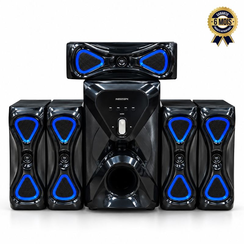 Home Cinéma INNOVA IN8505SPK - 5.1 Canaux Compact - Caisson de Basses Amplifié avec Éclairage LED Bleu - 4 Satellites 2 Voies et Enceinte Centrale - Bluetooth, USB et Radio FM - Télécommande - Garantie 6 mois