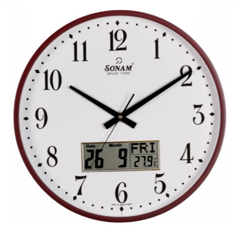 Horloge Murale Analogique Silencieuse - Écran LCD Affichage Date, Mois & Jour - Cadran Blanc - Cadre Bois Marron