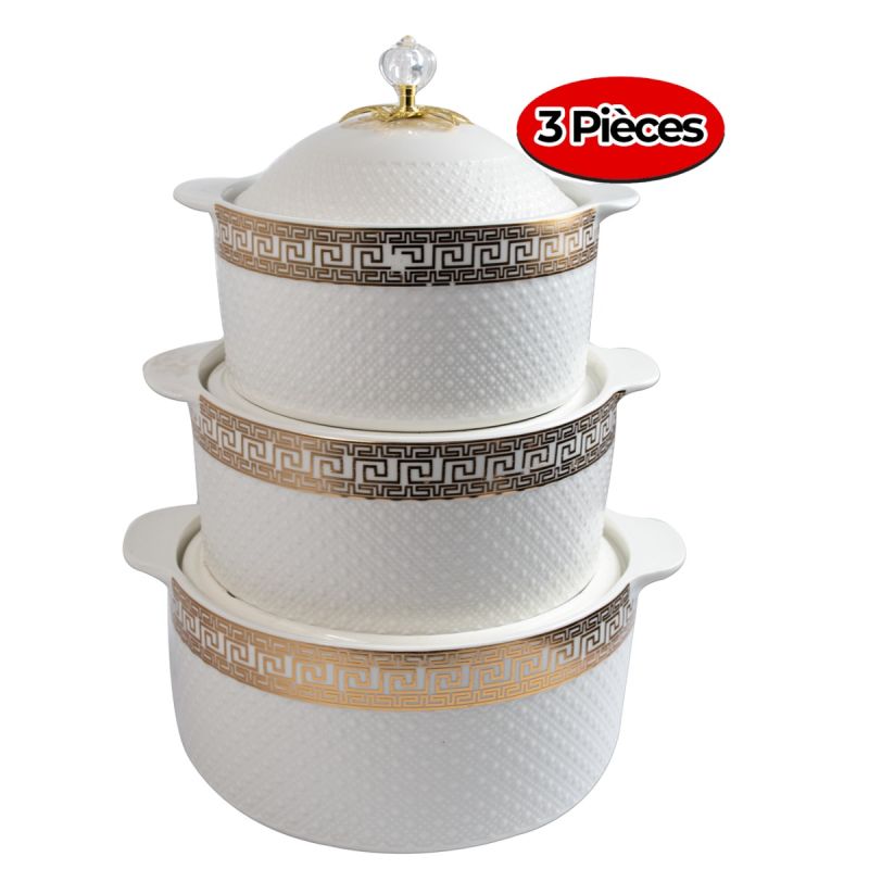 Lot de 3 Plats de Service isothermes avec Couvercles ; blanc or