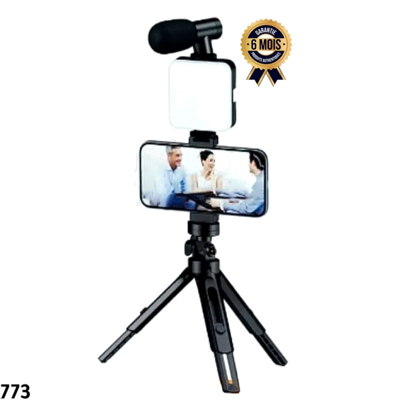 Kit de Vlogging (Plokama PK773) pour Smartphone avec trépied, lumière LED, Micro, garanti 6 mois au prix Cameroun.