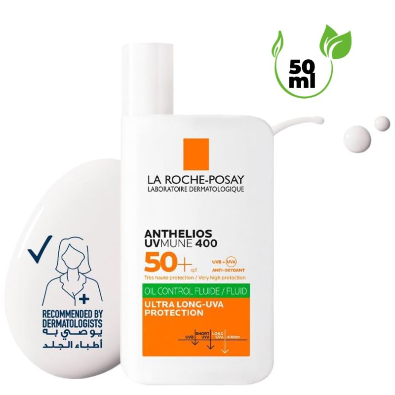 La Roche-Posay Anthelios UVMune 400 Oil Control -  Crème solaire Fluide, Invisible & Matifiante Visage - SPF50+ - Peaux Grasses à Imperfections - 50 ml