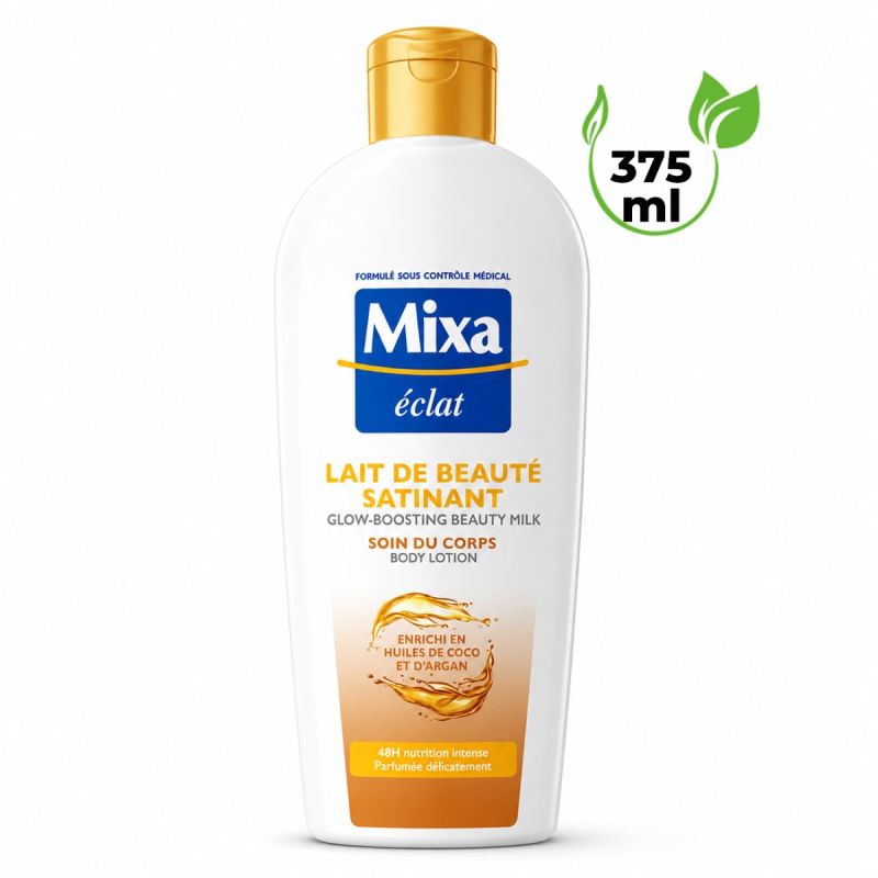 Lait de Beauté Satinant - Mixa Éclat - Soin du Corps aux Huiles de Coco et d'Argan - 375 ml