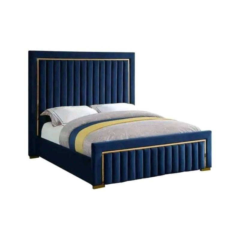 Lit Complet Capitonné en Velours – Modèle Prestige Doré – Cadre & Bordures Or – Tête + Matelas Orthopédique + 2 Oreillers – Bleu Marine (disponible en fabrication)