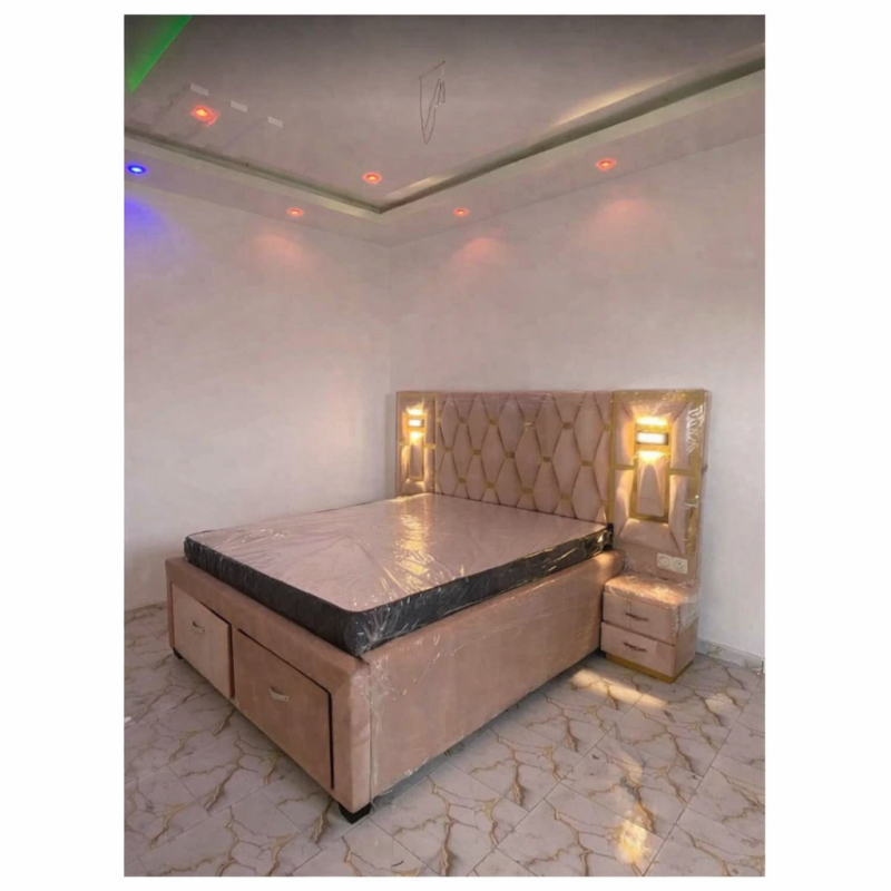 Lit Complet Capitonné LED + Matelas Semi Orthopédique + 2 Oreillers – Beige Champagne – Disponible à la commande avec production rapide
