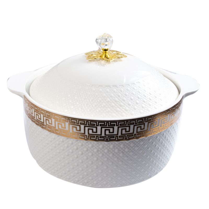 Lot de 3 Plats de Service isothermes avec Couvercles - KR2504075 - Casseroles décoratives en Céramique - Motif Grec Doré et Noir - Style Versace - Blanc/Or