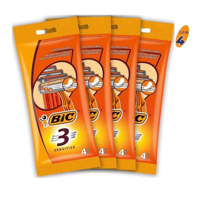 Lot de 4 rasoirs - BIC 3 Sensitive - Enrichie à Aloès Vera et Vitamine E - Hommes