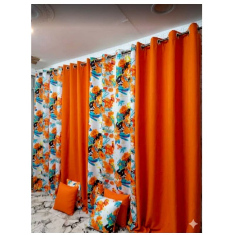 Lot de 4 Rideaux + 4 Housses de Coussin (2 Occultants Lourds + 2 Voilages Transparents Imprimés) – Orange Vif / Floral Multicolore sur Fond Blanc