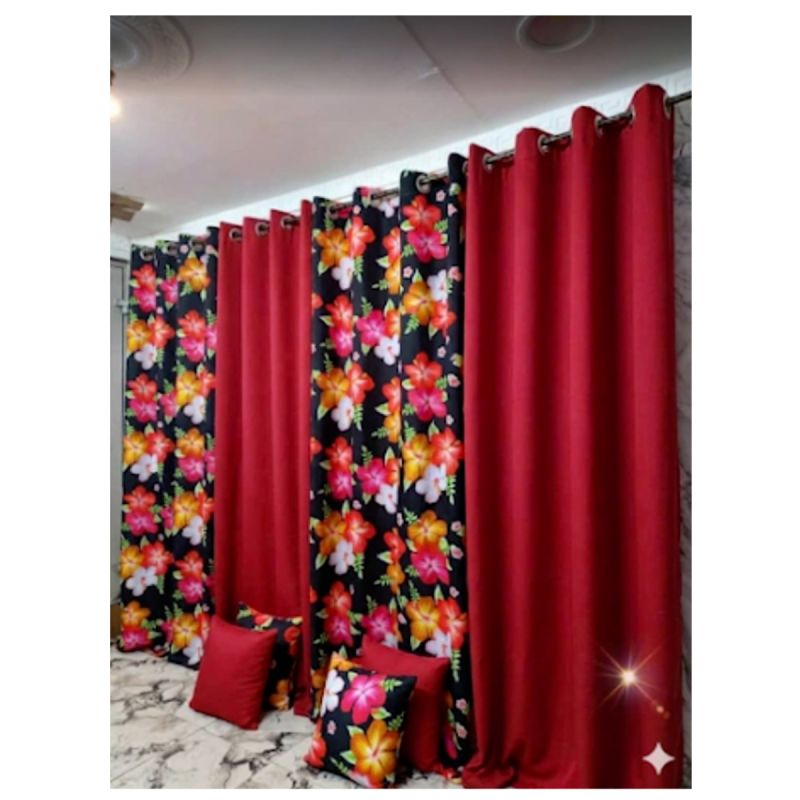 Lot de 4 Rideaux Occultants 280x250 cm + 4 Housses de Coussin Assorties – Couleur Rouge Bordeaux & Motif Floral Tropical Multicolore sur Fond Noir – Design moderne et chaleureux