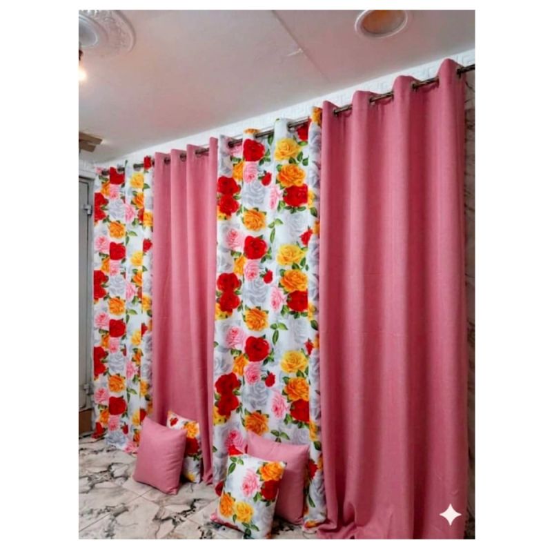 Lot de 4 Rideaux Occultants 280x250 cm + 4 Housses de Coussin Assorties – Couleur Vieux Rose & Motif Floral Roses Multicolores sur Fond Blanc – Design moderne et chaleureux
