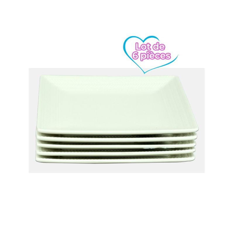 lot de 6 Grands plats Carrées en Porcelaine avec Bordure, blanc, prix Cameroun. 