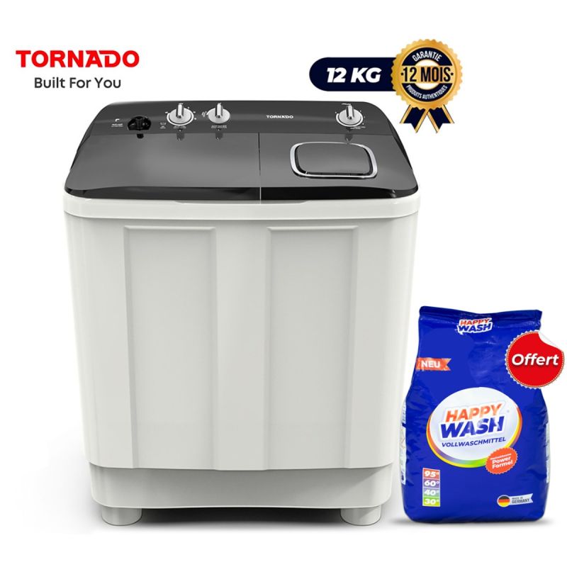 Machine à laver semi‑automatique TORNADO 12 kg + Lessive en poudre Happy Wash 2,025 KG Offert