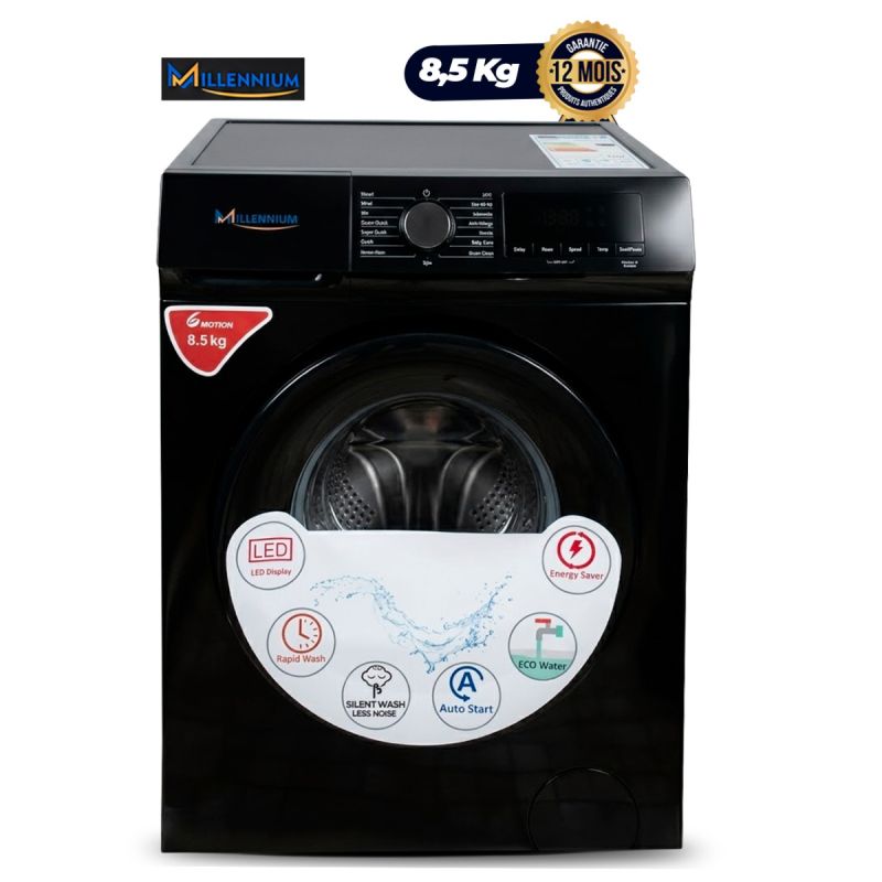 Machine à Laver  automatique MILLENNIUM - WM-FL8014BLC - 8,5 Kg - Chargement Frontal - Technologie 6 Motion - 1400 Tours/min - Classe A++ - 190 kWh/an - 60 dB Lavage - 76 dB Essorage - Consommation Eau 9900 L/an - Noir - Garantie 12 Mois