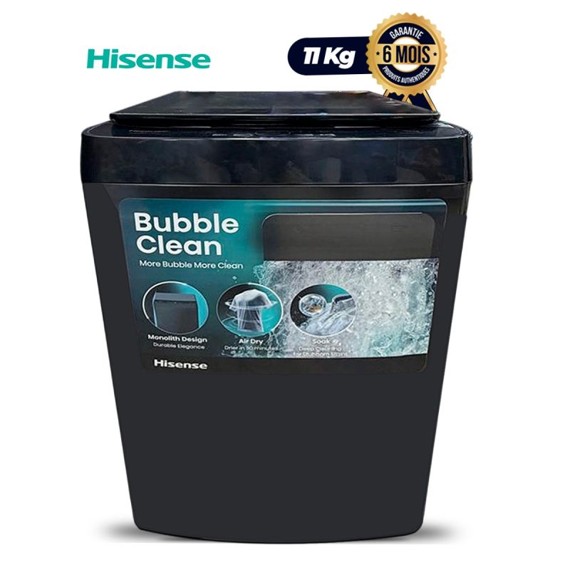 Machine à laver automatique Top Load HISENSE – 11 kg, noir, garantie 6 mois, prix Cameroun.
